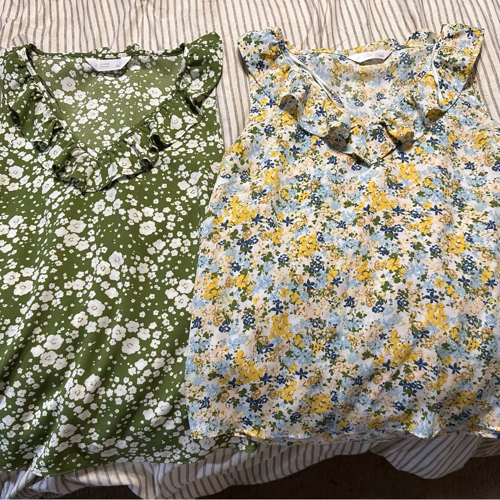 Bundle of two Lauren Conrad Floral Ruffle Blouses in Green and Multicolor